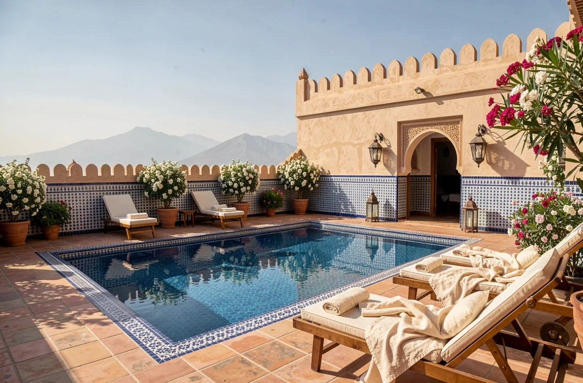 Vue extérieure d'une villa de luxe à vendre à Marrakech avec piscine privée en zellige, plantes méditerranéennes et vue sur les montagnes de l'Atlas