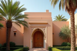 Villa à vendre à Marrakech en résidence sécurisée avec architecture traditionnelle marocaine et palmiers