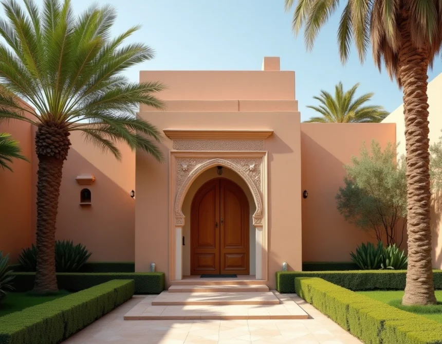 Villa à vendre à Marrakech en résidence sécurisée avec architecture traditionnelle marocaine et palmiers