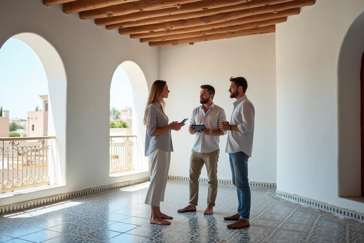 Couple visitant un appartement vide à louer à Essaouira avec un agent immobilier local