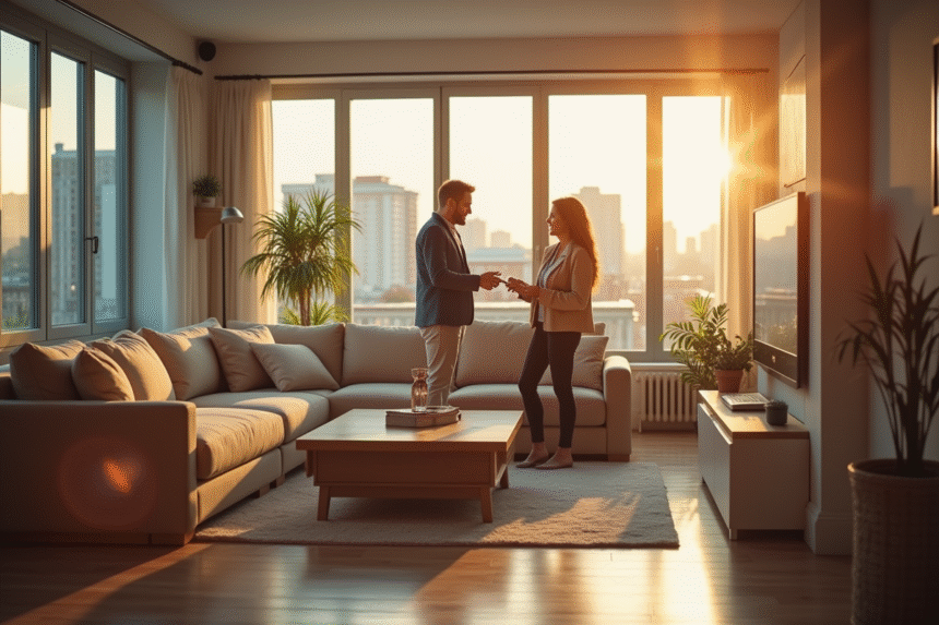 Jeune couple heureux visitant un appartement rénové avec agent immobilier