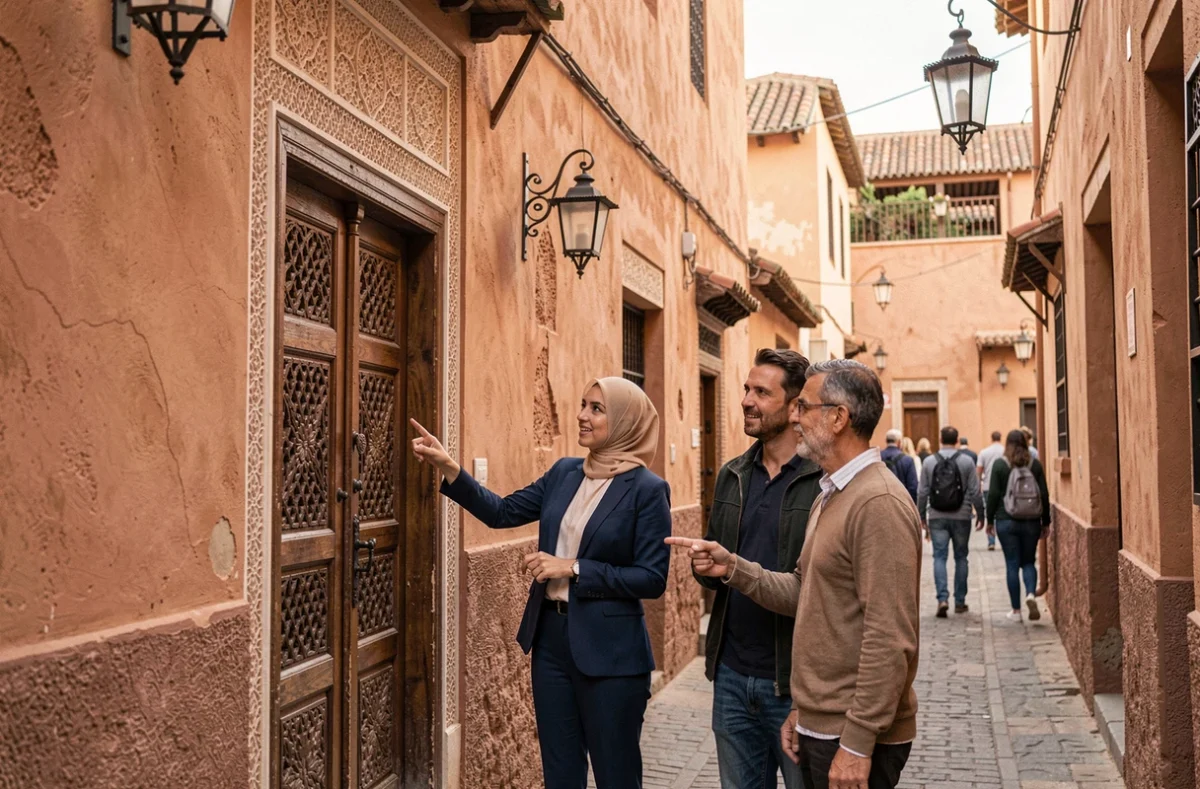 Agent immobilier présentant une maison traditionnelle à vendre dans la médina de Marrakech